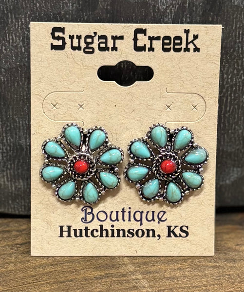 “Flower Power” Stud Earring *Turq/ Red
