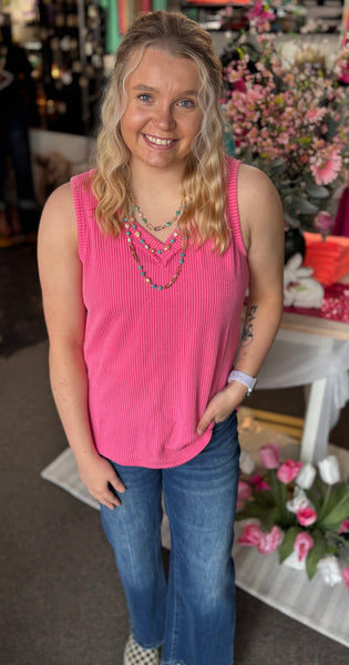 "Essential Ribbed Tank" Top *Strawberry Pink