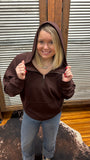 Kayla Luxe Hooded Quarter Zip Pullover- Chocolate