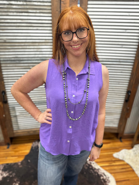 "Essential Sleeveless Button Down" Top *Lavender