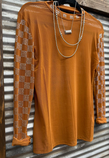 "Checked In Burnt Orange" Mesh Top