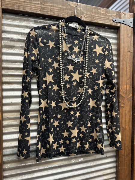 "Black and Gold Stars" Mesh Top