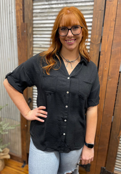 "Essential Button Down" Top *Black