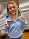 Kayla Luxe Hooded Quarter Zip Pullover- Light Sky Blue