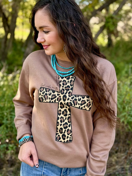 "Leopard Cross" on Latte Sweatshirt